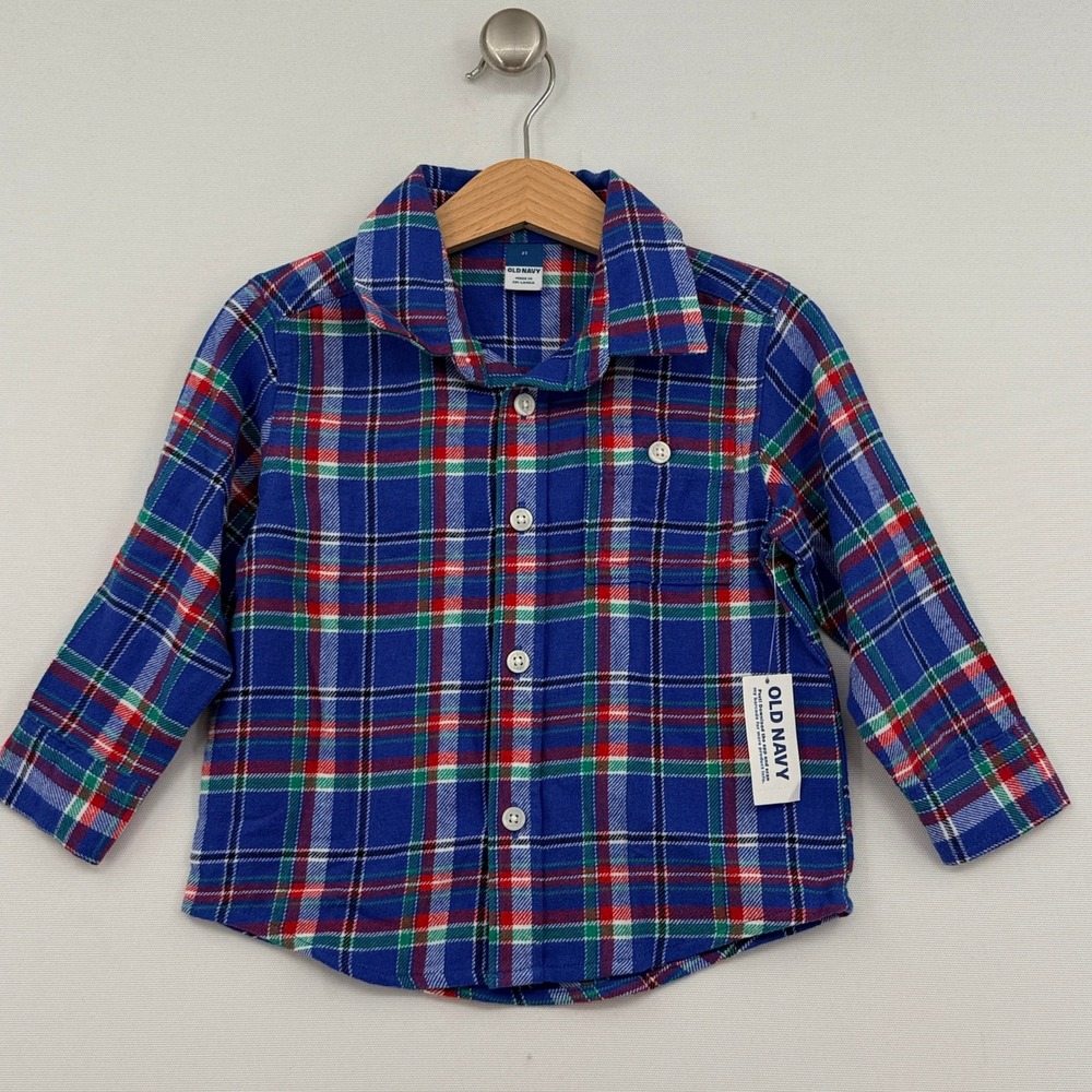 Old Navy Plaid Flannel Button Down Shirt Toddler 2T Blue Red Green Holiday New